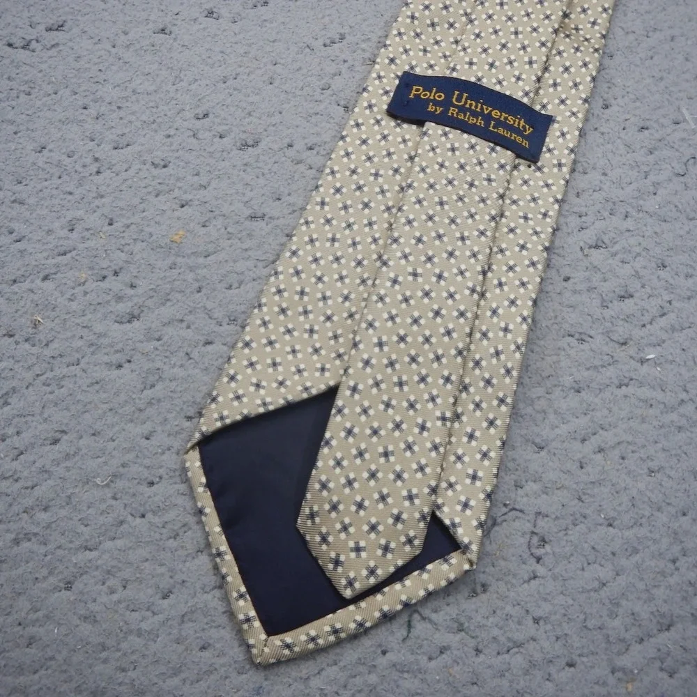 Polo Ralph Lauren Tie Beige Geometric Foulard Silk Necktie Classic Hand Finished